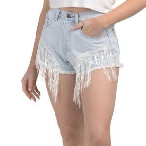 On Twelfth Sequin Embellished Fringe Denim Shorts Size Large New with Tags